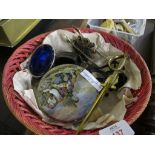 BASKET CONTAINING QUANTITY OF SILVER PLATED WARES AND PRATT WARE LID AND LETTER OPENER