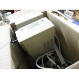 BOX CONTAINING VARIOUS SANYO AMPLIFIERS AND OTHER EQUIPMENT