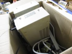 BOX CONTAINING VARIOUS SANYO AMPLIFIERS AND OTHER EQUIPMENT