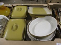 BOX CONTAINING MAINLY POTTERY KITCHEN WARES INCLUDING TWO TUREENS AND COVERS, SERVING DISHES ETC