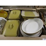 BOX CONTAINING MAINLY POTTERY KITCHEN WARES INCLUDING TWO TUREENS AND COVERS, SERVING DISHES ETC