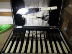 BOXED SET OF PLATED CUTLERY WITH BONE HANDLES