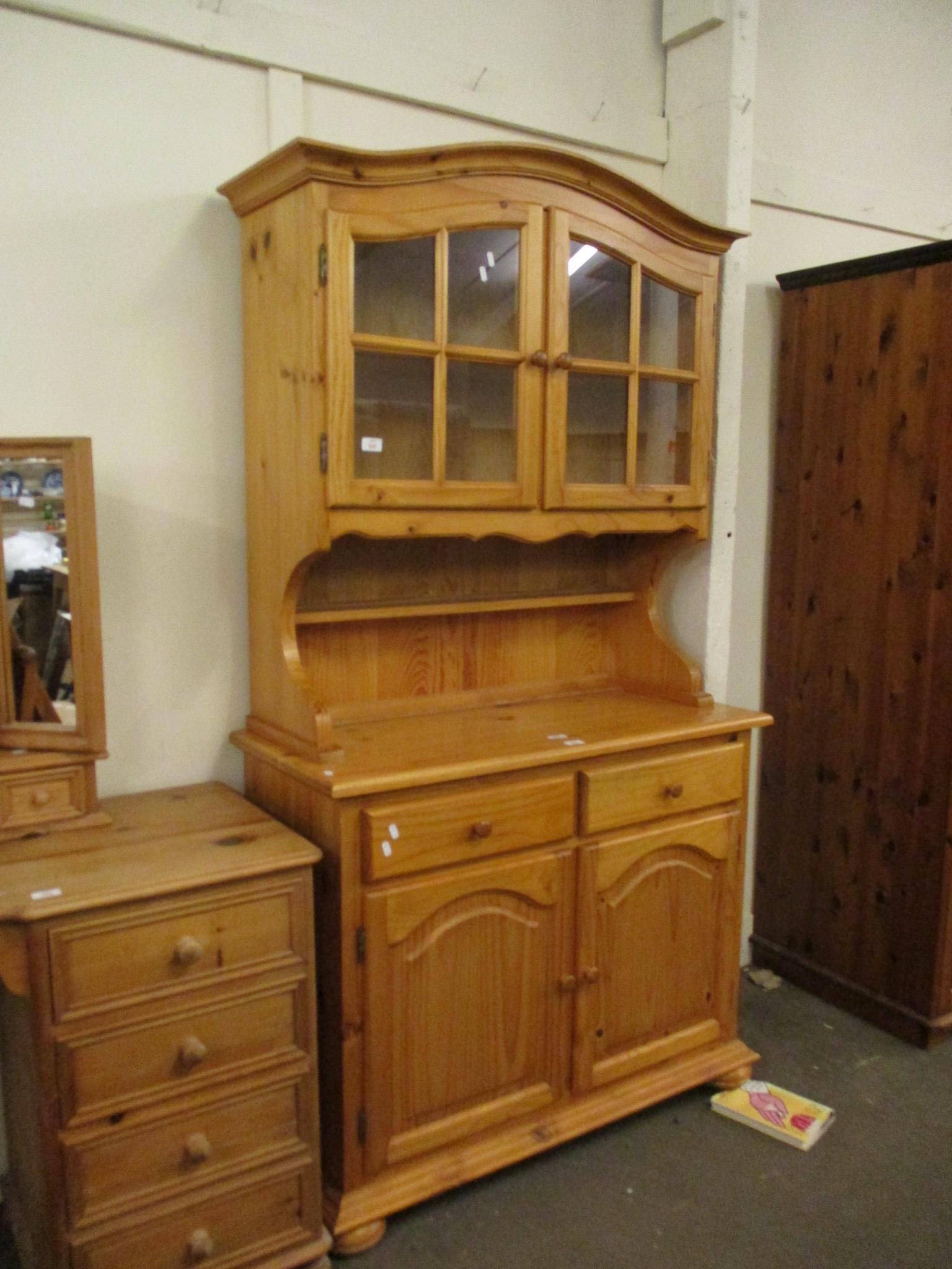 PINE GLAZED TOP KITCHEN DRESSER, 104CM WIDE