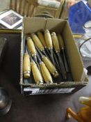 BOX CONTAINING QUANTITY OF CHISELS WITH WOODEN HANDLES