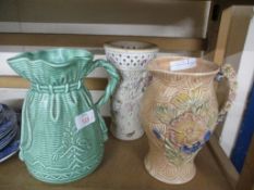 GREEN COLOURED SILVAC JUG AND FURTHER WILD FLOWER JUG BY ARTHUR WOOD & SONS