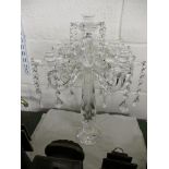 GLASS CANDELABRA WITH CENTRAL COLUMN AND FOUR SCONCES, ALL WITH GLASS DROPLETS