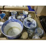 TRAY CONTAINING BLUE AND WHITE WARES INCLUDING A COPELAND SPODE ITALIAN PATTERN JARDINIERE