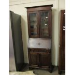 OAK BUREAU BOOKCASE WITH LEADED GLASS TOP