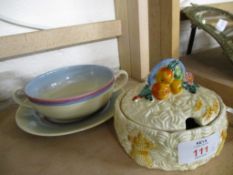 CLARICE CLIFF CELTIC HARVEST CIRCULAR BOWL AND COVER, TOGETHER WITH A FURTHER CLARICE CLIFF SOUP