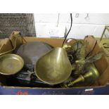 BOX OF MIXED METAL WARES, BRASS CANDLESTICKS, BRASS MODEL OF AN EAGLE, SET OF SCALES ETC