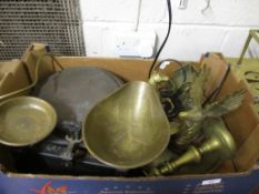 BOX OF MIXED METAL WARES, BRASS CANDLESTICKS, BRASS MODEL OF AN EAGLE, SET OF SCALES ETC