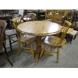 MODERN PINE CIRCULAR PEDESTAL BREAKFAST TABLE AND TWO STICK BACK CHAIRS