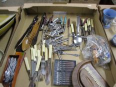 BOX CONTAINING PLATED WARES, SOME WITH BONE HANDLES