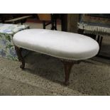 19TH CENTURY MAHOGANY OVAL STOOL ON CABRIOLE SUPPORTS, 93CM LONG