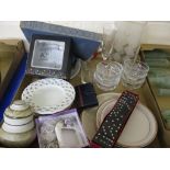 TRAY CONTAINING GLASS WARES AND CERAMICS PLUS SET OF DOMINOES
