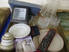 TRAY CONTAINING GLASS WARES AND CERAMICS PLUS SET OF DOMINOES