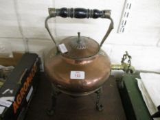 COPPER KETTLE WITH WOODEN HANDLE ON METAL STAND