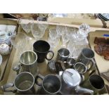 TRAY CONTAINING PEWTER MUGS AND CUT GLASS DECANTER AND OTHER GLASSES