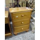 MODERN PINE THREE DRAWER BEDSIDE CHEST, 45.5CM WIDE