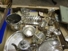 BOX CONTAINING QUANTITY OF FLATWARES ETC INCLUDING MILK JUG, SUGAR BOWL AND TEA POT