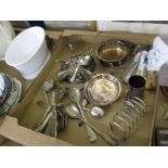 TRAY CONTAINING SILVER PLATED FLATWARES, TOAST RACK AND SMALL MUG