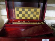 WOODEN BOX CONTAINING SET OF GAMES INCLUDING DOMINOES AND DRAUGHTS