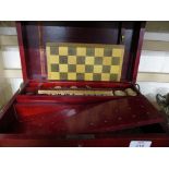 WOODEN BOX CONTAINING SET OF GAMES INCLUDING DOMINOES AND DRAUGHTS