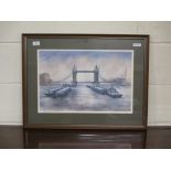 SIGNED LIMITED EDITION PRINT, BARGES UNDER TOWER BRIDGE