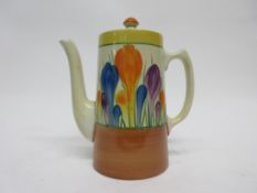 Clarice Cliff coffee pot in the Crocus pattern, decorated in typical fashion, 18cm high