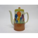 Clarice Cliff coffee pot in the Crocus pattern, decorated in typical fashion, 18cm high