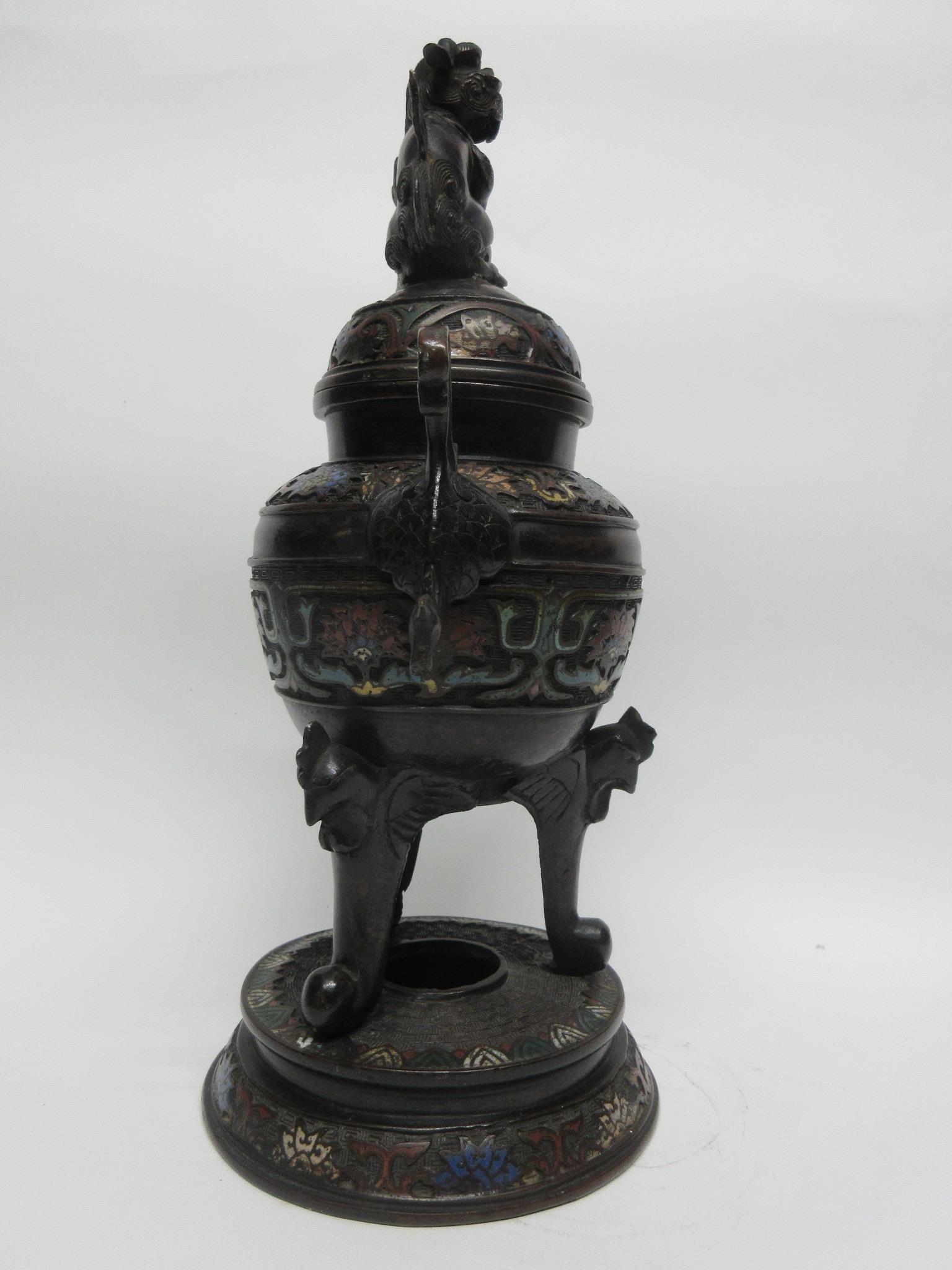 Large metal bronzed jar and cover with lion finial, decorated in cloisonne style, standing on - Image 6 of 7