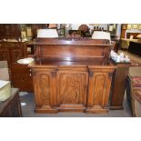 19th century mahogany break front sideboard, scroll moulded pediment over a shelf supported by