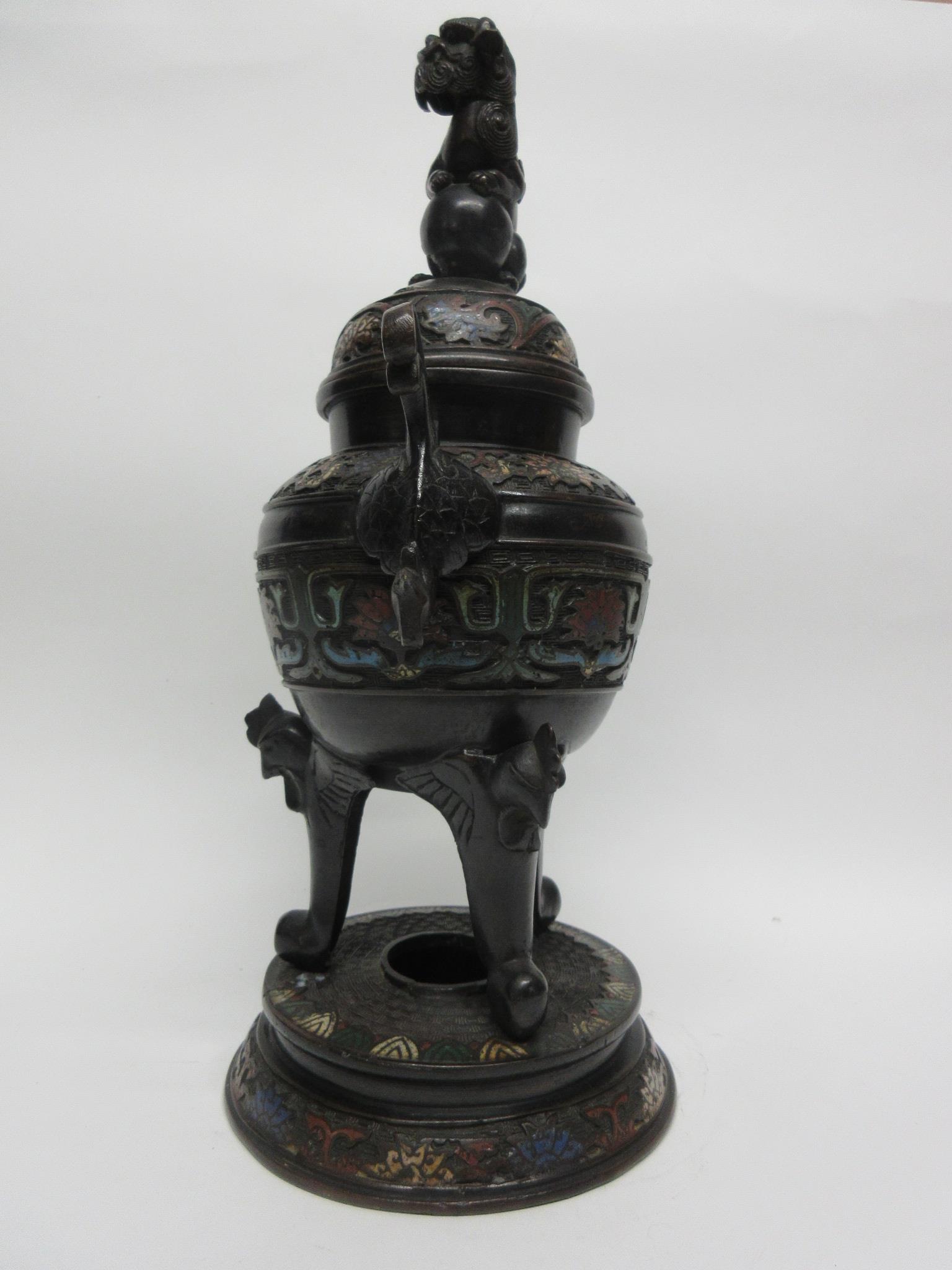 Large metal bronzed jar and cover with lion finial, decorated in cloisonne style, standing on - Image 7 of 7