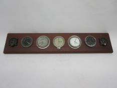 Mounted set of vintage car clocks, including Smiths, Jaeger, Elgin etc, 80cm wide