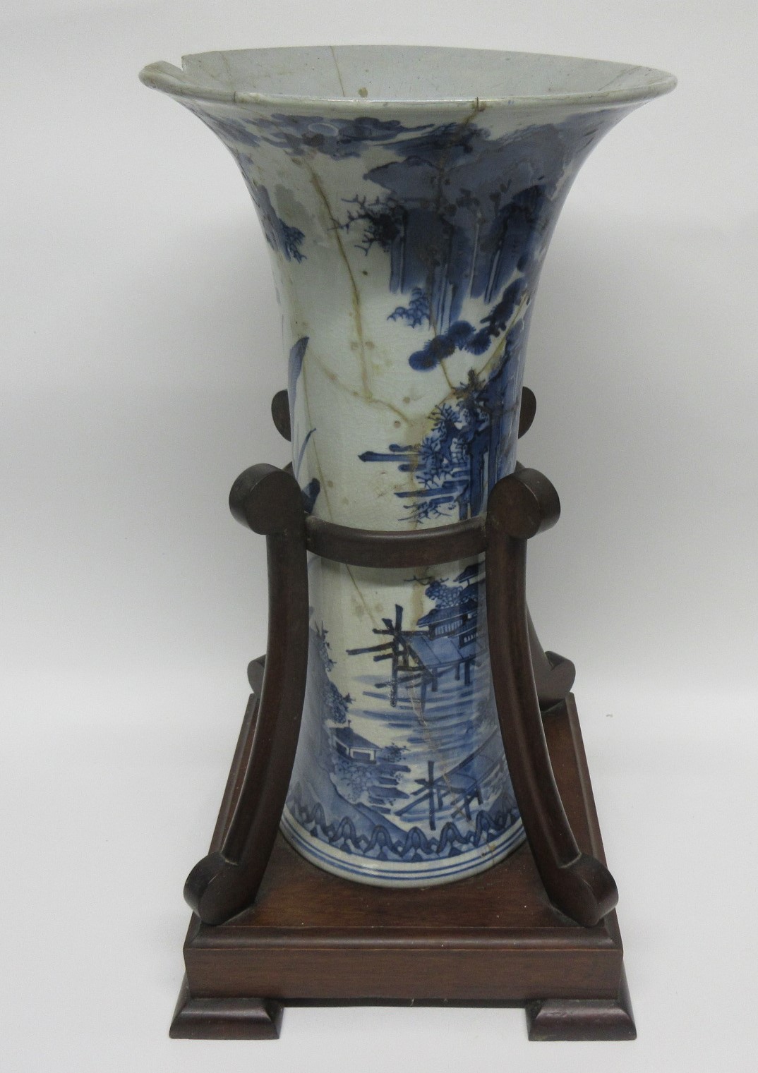 Large flared Chinese porcelain vase decorated with flowers and a landscape scene within a wood and - Image 2 of 3