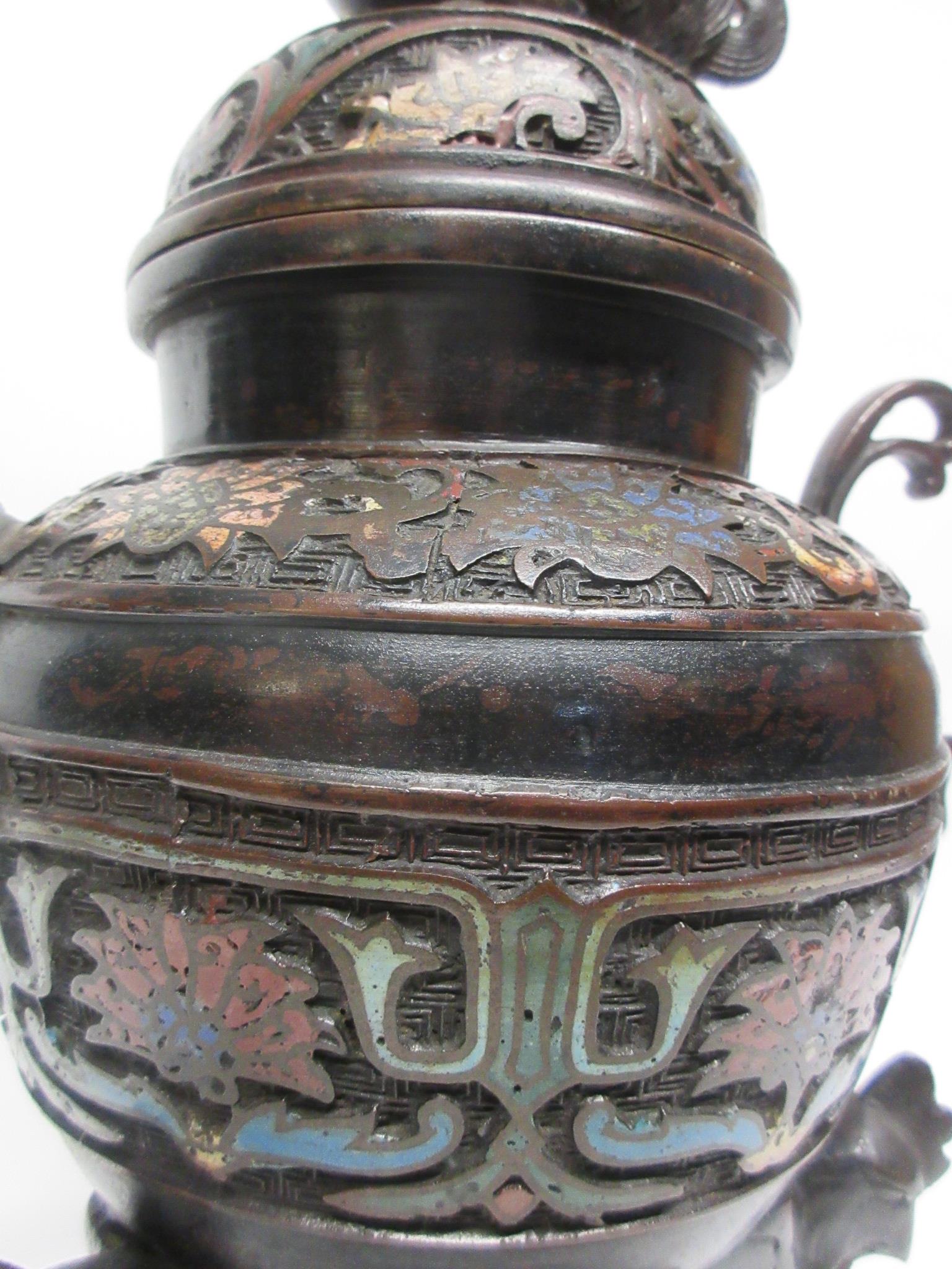 Large metal bronzed jar and cover with lion finial, decorated in cloisonne style, standing on - Image 5 of 7