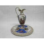 Dresden porcelain ewer on large circular stand, decorated in Meissen style with flowers and