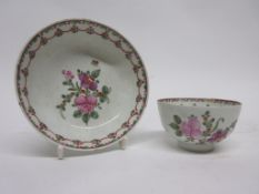 Lowestoft tea bowl and saucer with polychrome decoration of flowers, saucer 12cm diam