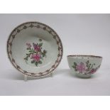 Lowestoft tea bowl and saucer with polychrome decoration of flowers, saucer 12cm diam