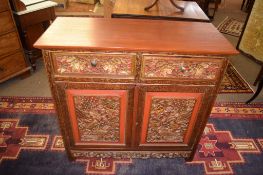 Oriental side cabinet, possibly non-matching plain top over two drawers with cupboard below, the