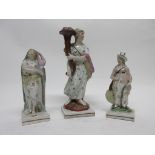 Group of three early 19th century pearlware figures of maidens in various poses, largest 23cm