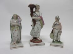 Group of three early 19th century pearlware figures of maidens in various poses, largest 23cm