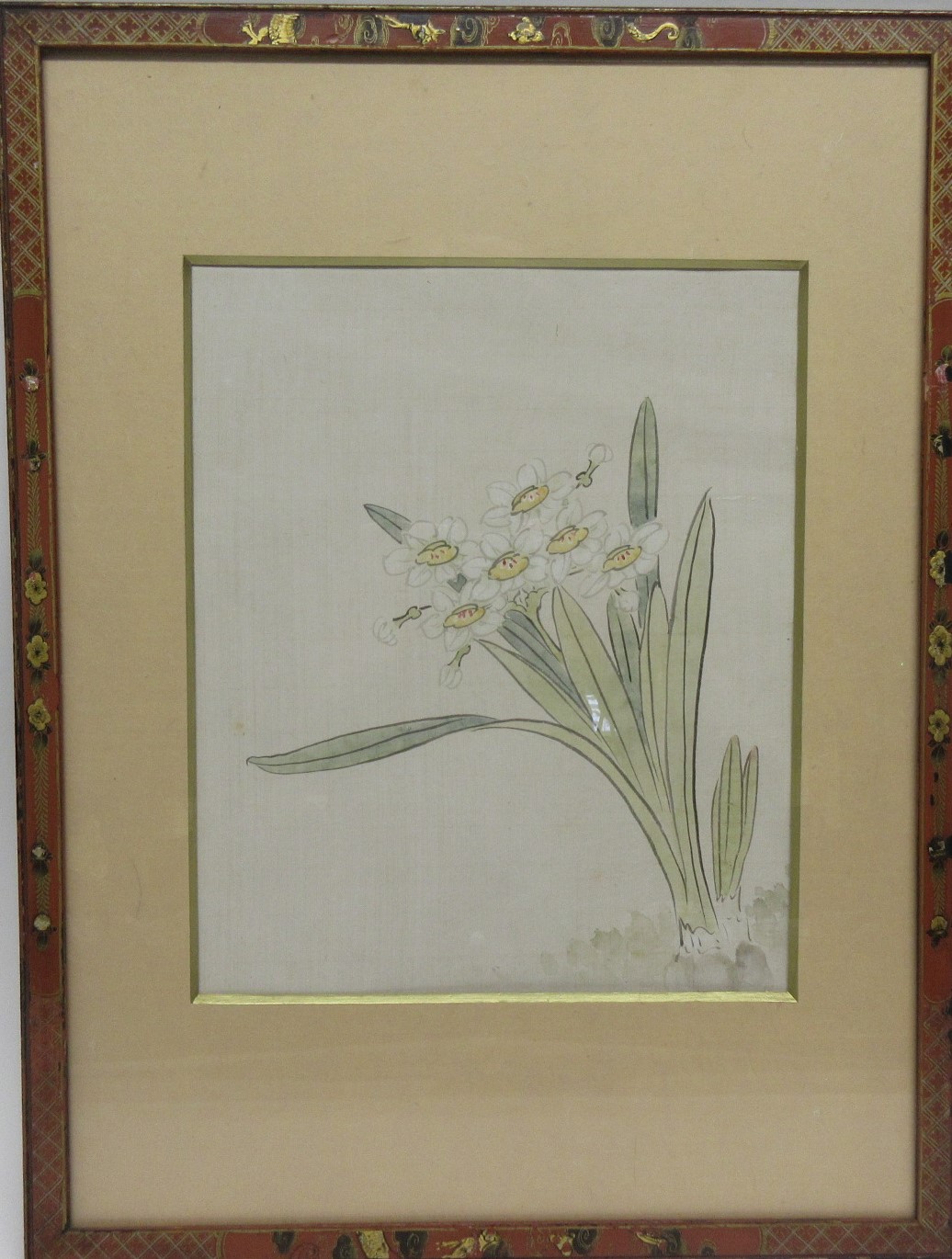 Set of four Oriental watercolours of flowers in wooden frames, the frames with inlay in gilt - Image 2 of 4