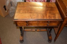 Rosewood work table of rectangular form, lifting lid with moulded edge over dummy drawer front