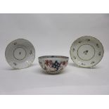 Lowestoft slop bowl decorated in Redgrave enamels with the two bird pattern, together with two