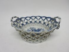 Worcester basket decorated in underglaze blue with the pine cone print, 20cm diam