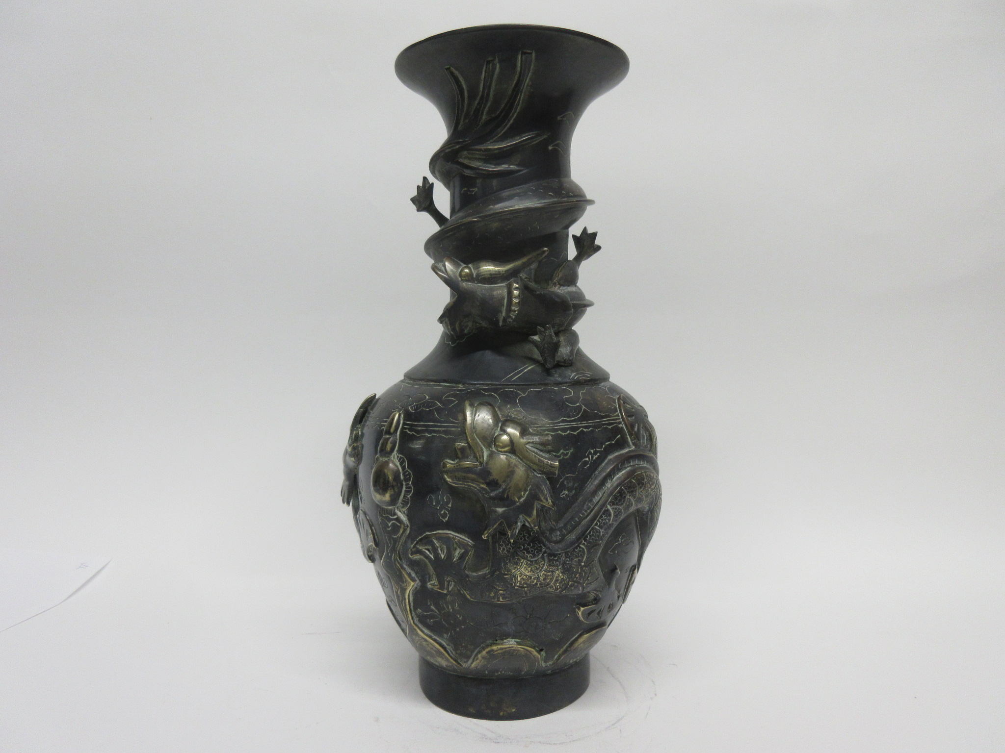 Metal vase, the neck with sinuous dragon and body also modelled in relief with two dragons and the - Image 3 of 5