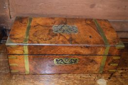 Victorian walnut and brass bound writing box, with fitted interior, 50cm wide