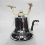 20th century large chromium fire bell with white painted cast metal bracket, 32cm high