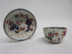 Lowestoft porcelain tea bowl and saucer decorated in Redgrave style with the two bird pattern,